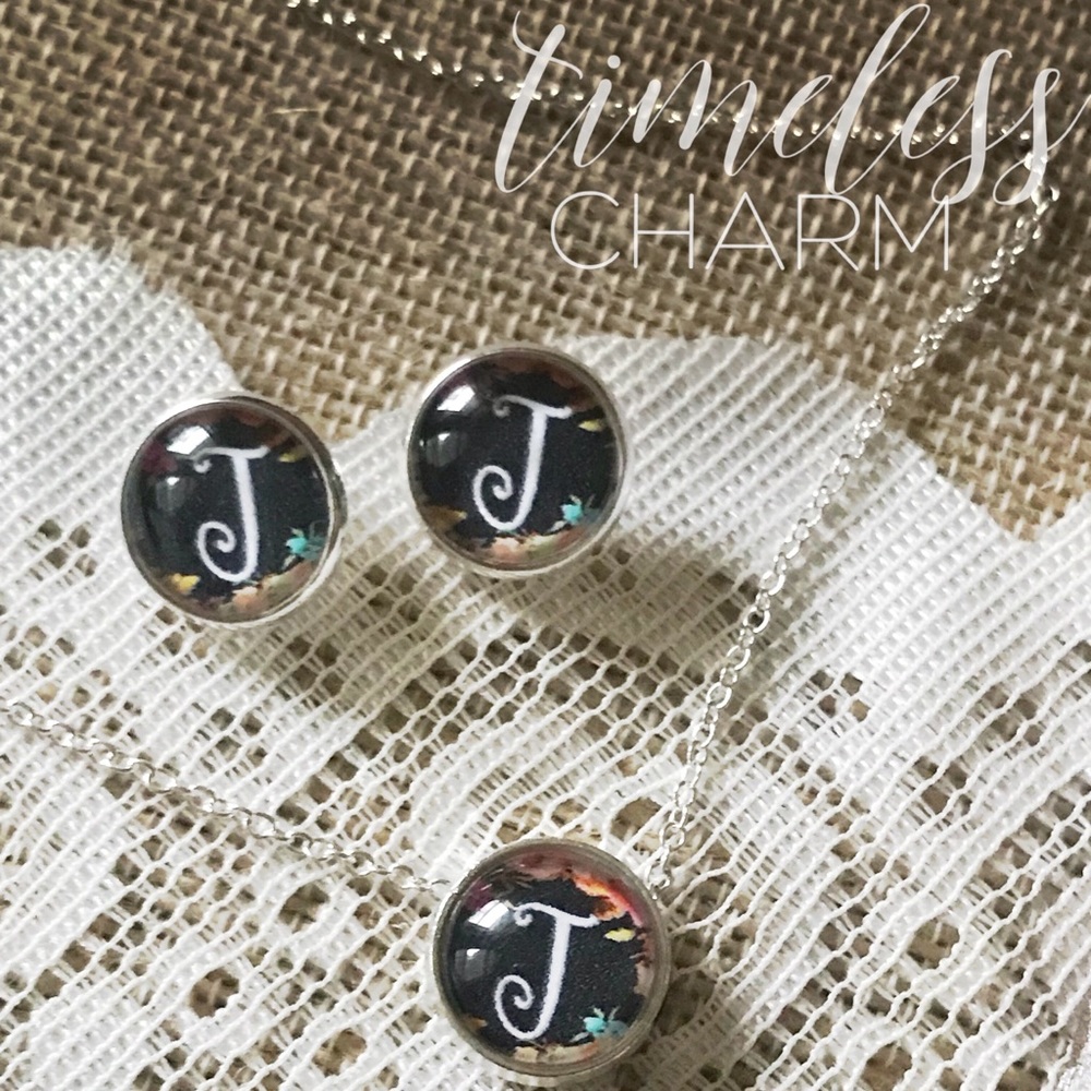 Initial Jewelry Monogram Earrings Necklace Set